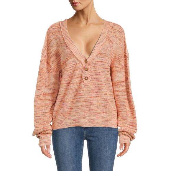 Free People Womens Knit Pink Heathered Cozy Button Henley Sweater Size XS - Picture 1 of 7